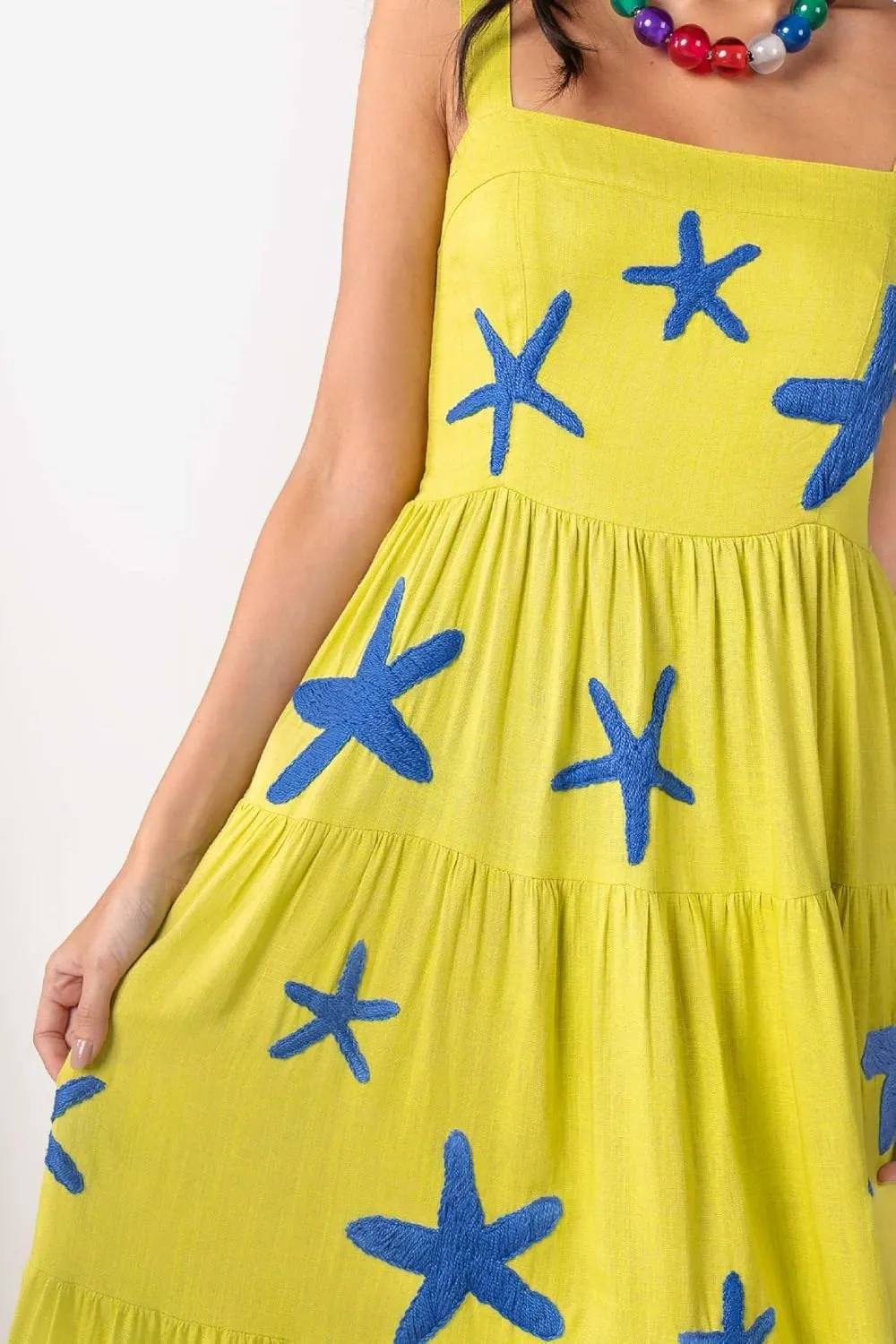 Women Embroidered Maxi Dress Sleeveless Smocked Flowy Sundress Boho Summer Long Dresses Beach Vocation