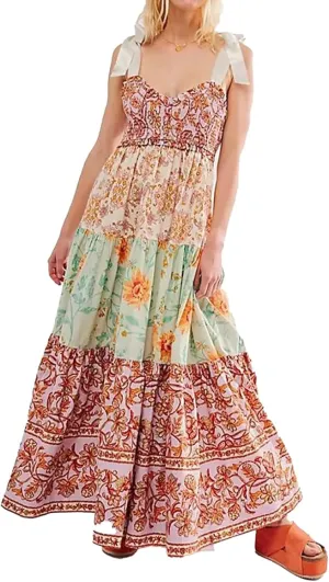 Women Floral Maxi Dress Sleeveless Tie Shoulder Bohemian Flowy Smocked Casual Dresses Summer Sundress with Pockets