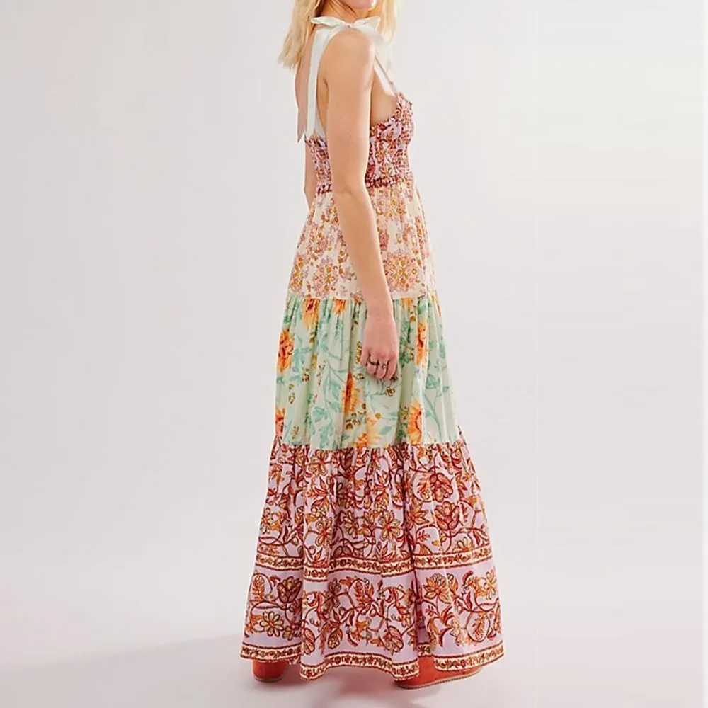 Women Floral Maxi Dress Sleeveless Tie Shoulder Bohemian Flowy Smocked Casual Dresses Summer Sundress with Pockets