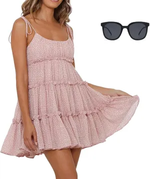 Women Floral Mini Dress, 2025 Casual Summer Spaghetti Strap Boho Sundress, Cute Y2K Chiffon Flowy Ruffle Tiered Dresses
