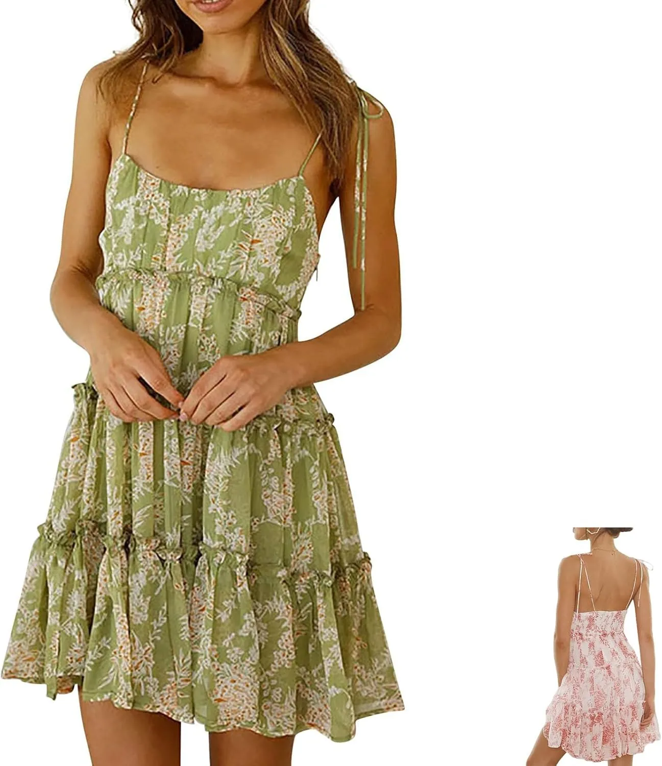 Women Floral Mini Dress Spaghetti Strap Ruffle Tiered Dress, Short Sleeveless Ruffle Spaghetti Strap Dresses