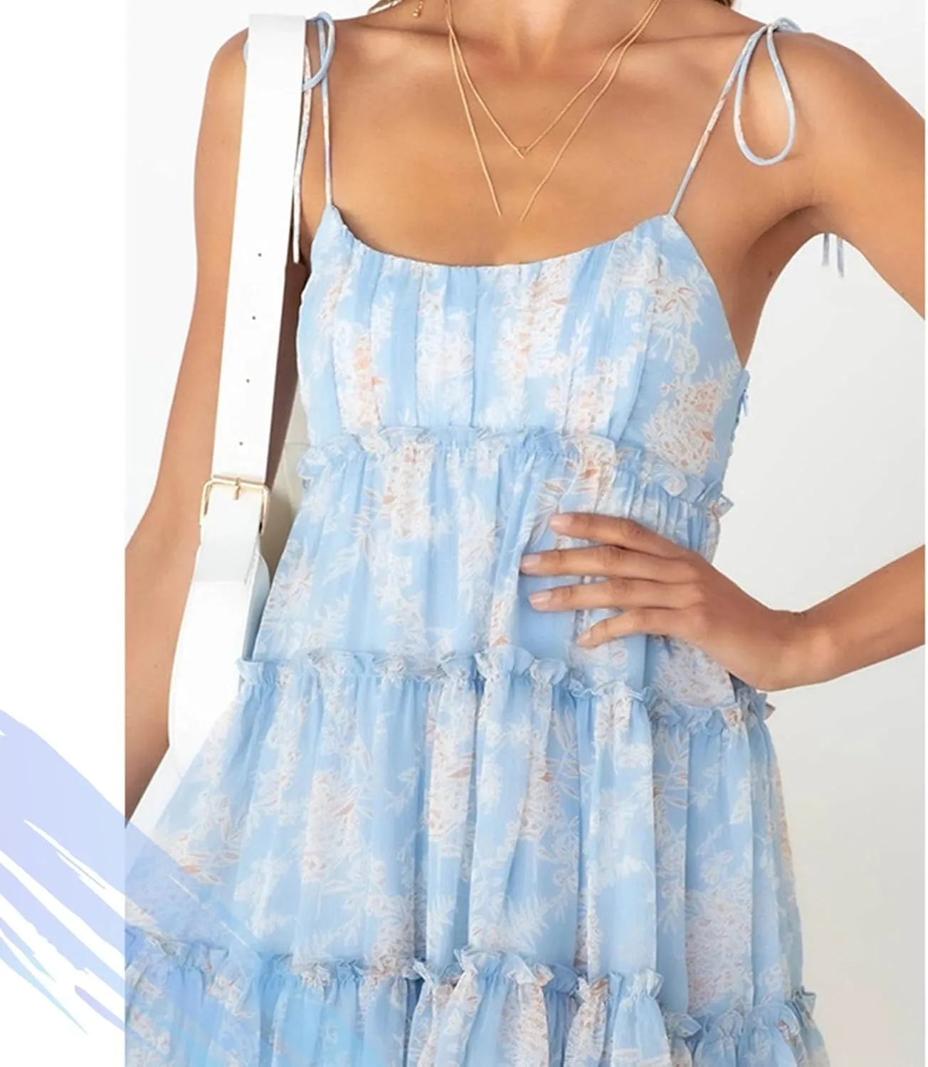 Women Floral Mini Dress Spaghetti Strap Ruffle Tiered Dress, Short Sleeveless Ruffle Spaghetti Strap Dresses