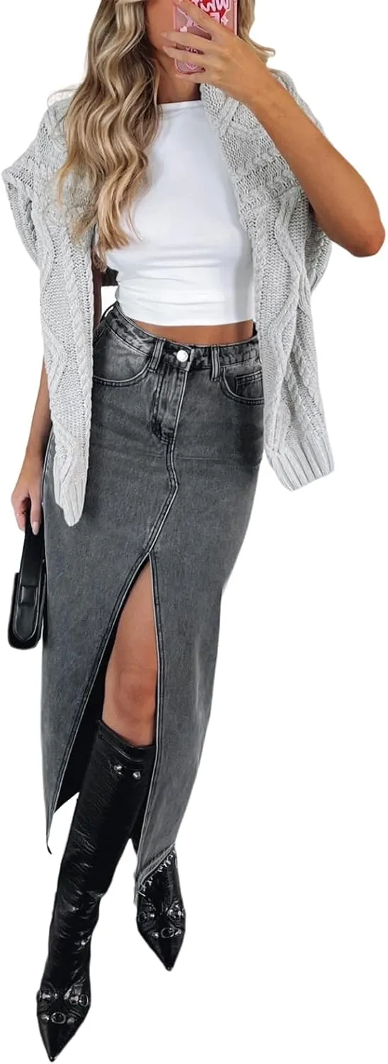 Women High Waist Denim Maxi Skirt Split Thigh Zip Up Jeans Skirt Bodycon A Line Long Skirt with Pocket