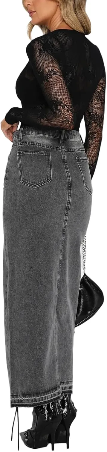 Women High Waist Denim Maxi Skirt Split Thigh Zip Up Jeans Skirt Bodycon A Line Long Skirt with Pocket