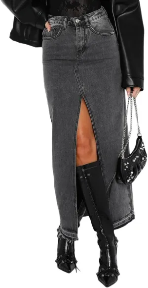 Women High Waist Denim Maxi Skirt Split Thigh Zip Up Jeans Skirt Bodycon A Line Long Skirt with Pocket