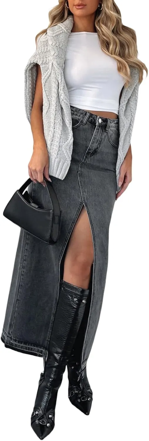 Women High Waist Denim Maxi Skirt Split Thigh Zip Up Jeans Skirt Bodycon A Line Long Skirt with Pocket