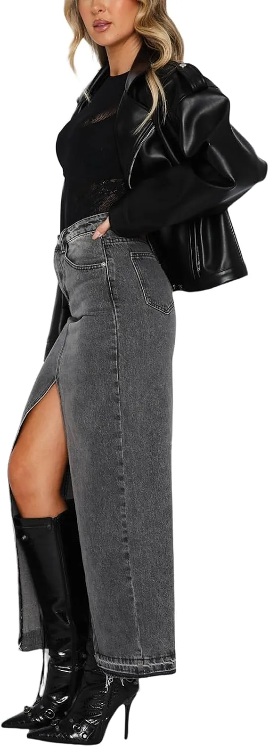 Women High Waist Denim Maxi Skirt Split Thigh Zip Up Jeans Skirt Bodycon A Line Long Skirt with Pocket
