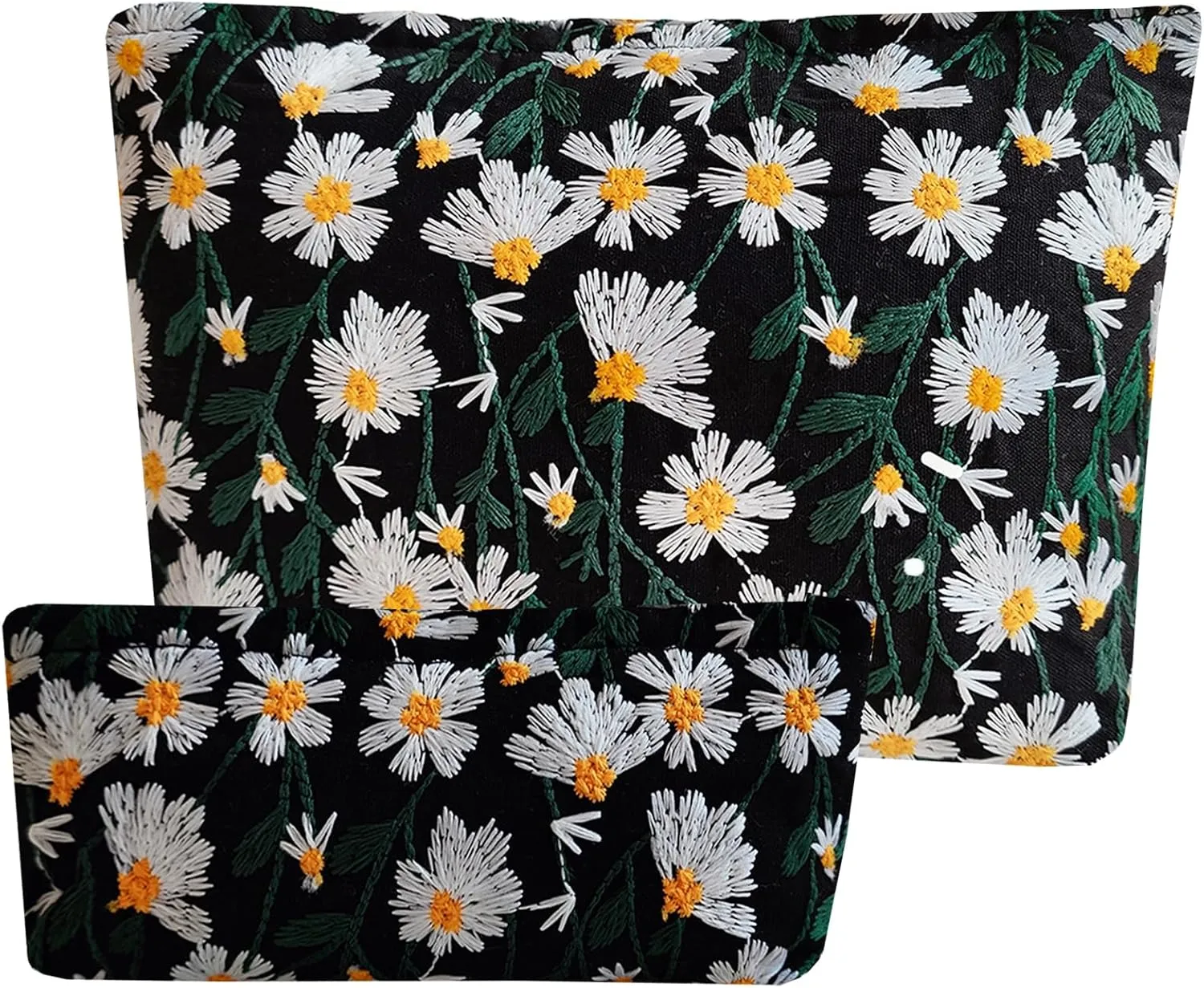 Women Makeup Bag - Embroidery Cosmetic Bag and Cosmetic Brush Bag Set of Two,Fashion Cosmetic Organizer,Sister Gift,Large Capacity Travel Toiletry Bag(Black Daisy)