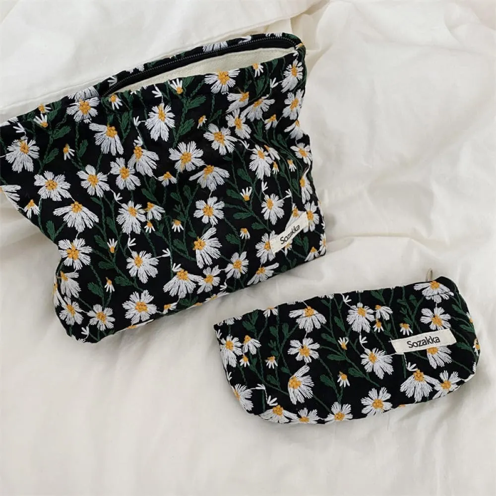 Women Makeup Bag - Embroidery Cosmetic Bag and Cosmetic Brush Bag Set of Two,Fashion Cosmetic Organizer,Sister Gift,Large Capacity Travel Toiletry Bag(Black Daisy)