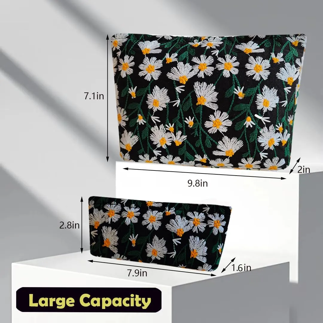 Women Makeup Bag - Embroidery Cosmetic Bag and Cosmetic Brush Bag Set of Two,Fashion Cosmetic Organizer,Sister Gift,Large Capacity Travel Toiletry Bag(Black Daisy)