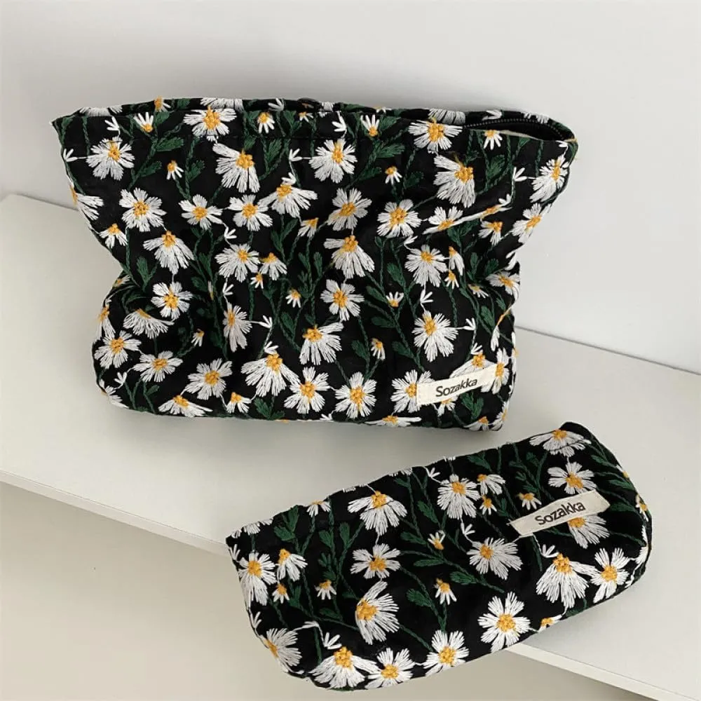 Women Makeup Bag - Embroidery Cosmetic Bag and Cosmetic Brush Bag Set of Two,Fashion Cosmetic Organizer,Sister Gift,Large Capacity Travel Toiletry Bag(Black Daisy)