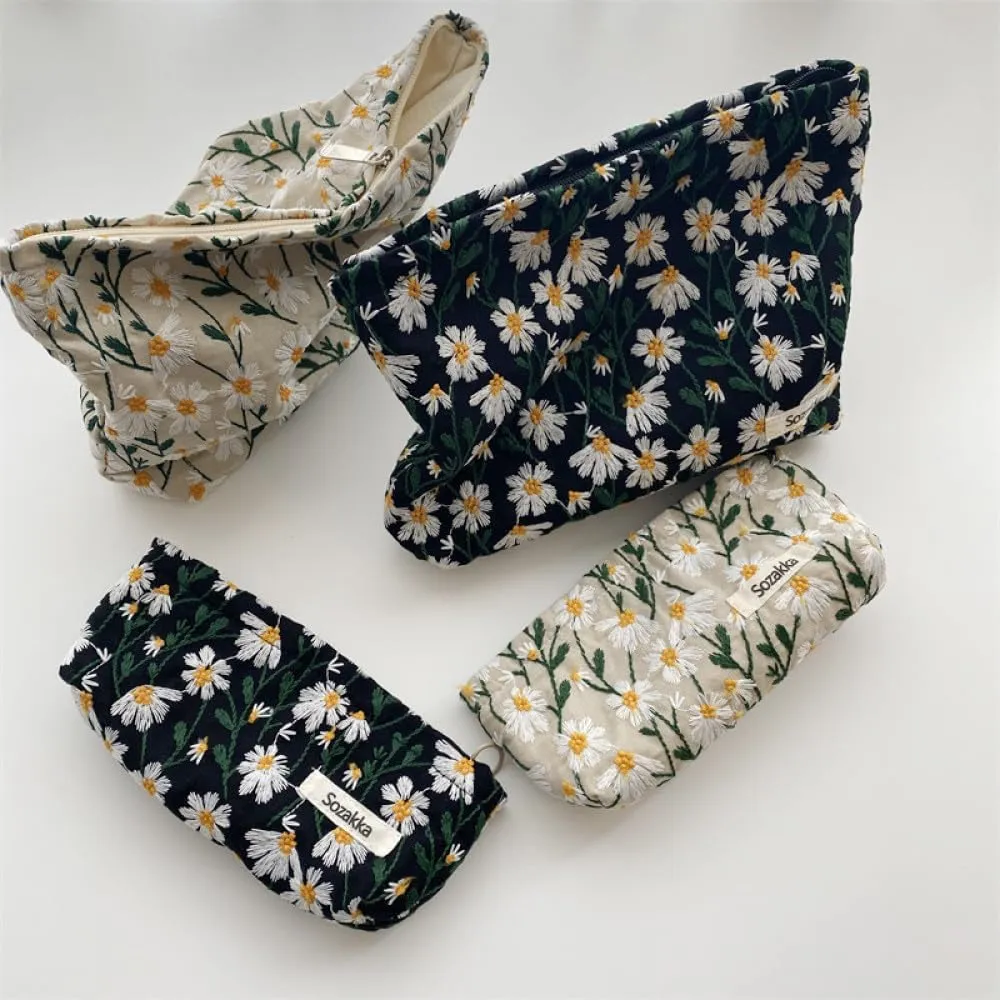 Women Makeup Bag - Embroidery Cosmetic Bag and Cosmetic Brush Bag Set of Two,Fashion Cosmetic Organizer,Sister Gift,Large Capacity Travel Toiletry Bag(Black Daisy)