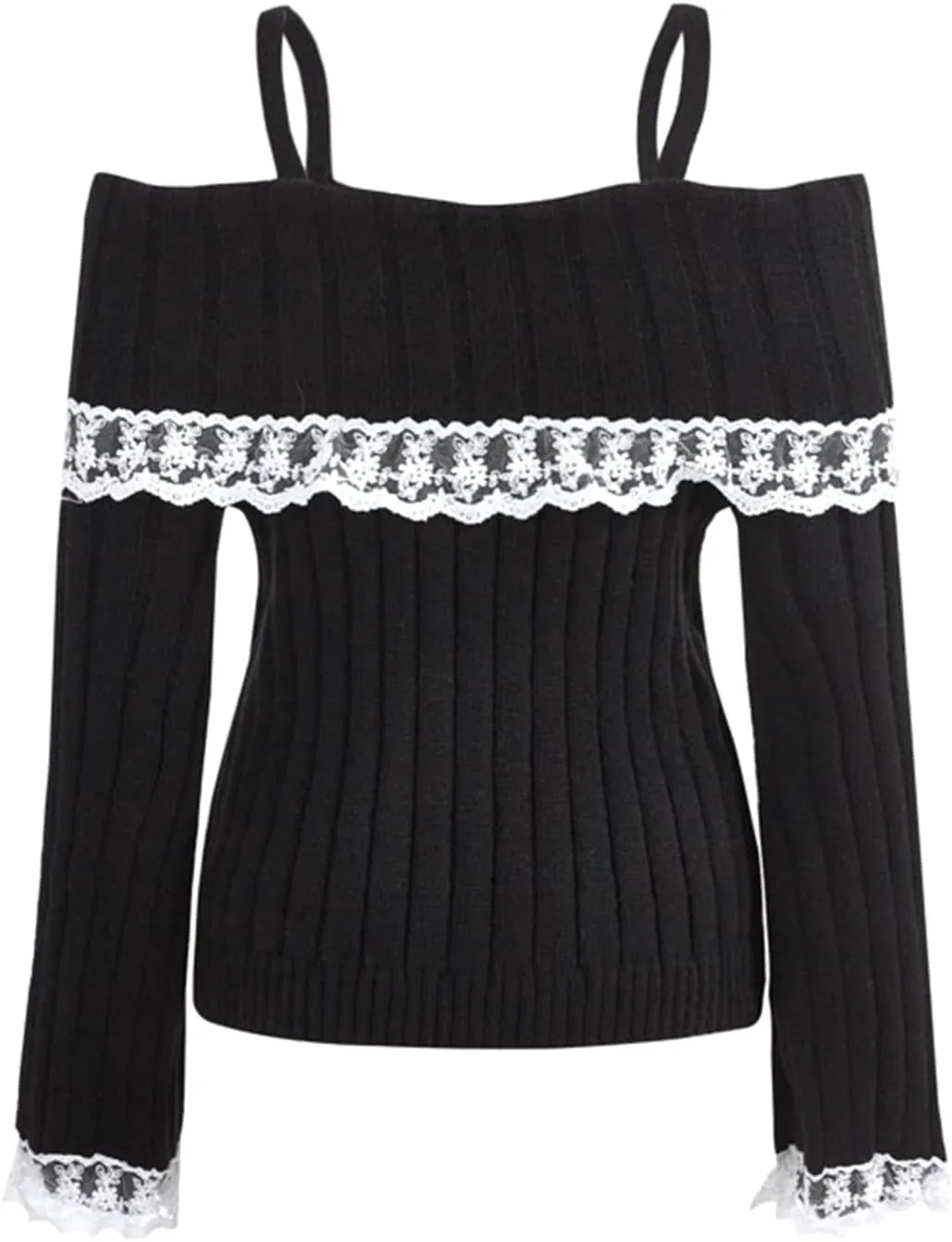 Women Off Shoulder Top Y2K Long Sleeve Lace Trim Knit Shirt Fashion Cute Solid Pullover Sweater