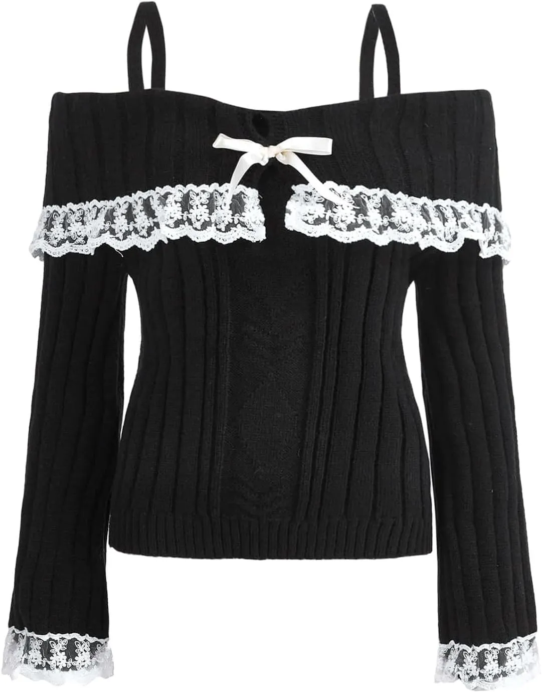 Women Off Shoulder Top Y2K Long Sleeve Lace Trim Knit Shirt Fashion Cute Solid Pullover Sweater