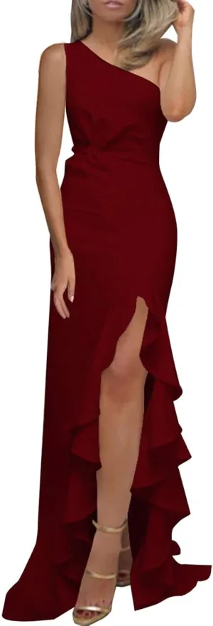 Women One Shoulder Cocktail Dresses Sexy Sleeveless Bodycon Wrap Ruffle Split Formal Long Dress Maxi Party Dress