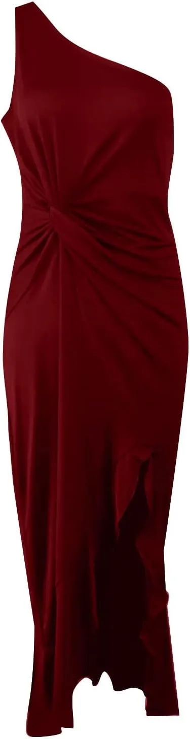 Women One Shoulder Cocktail Dresses Sexy Sleeveless Bodycon Wrap Ruffle Split Formal Long Dress Maxi Party Dress