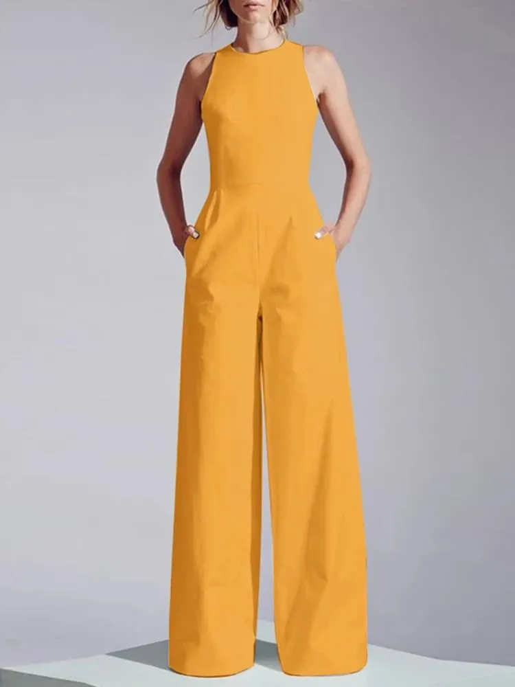 Women Sleeveless Long Jumpsuit Summer Wide Leg Casual Waisted Playsuit Office Lady Elegant Pocket Overalls