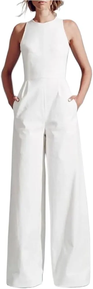 Women Sleeveless Long Jumpsuit Summer Wide Leg Casual Waisted Playsuit Office Lady Elegant Pocket Overalls