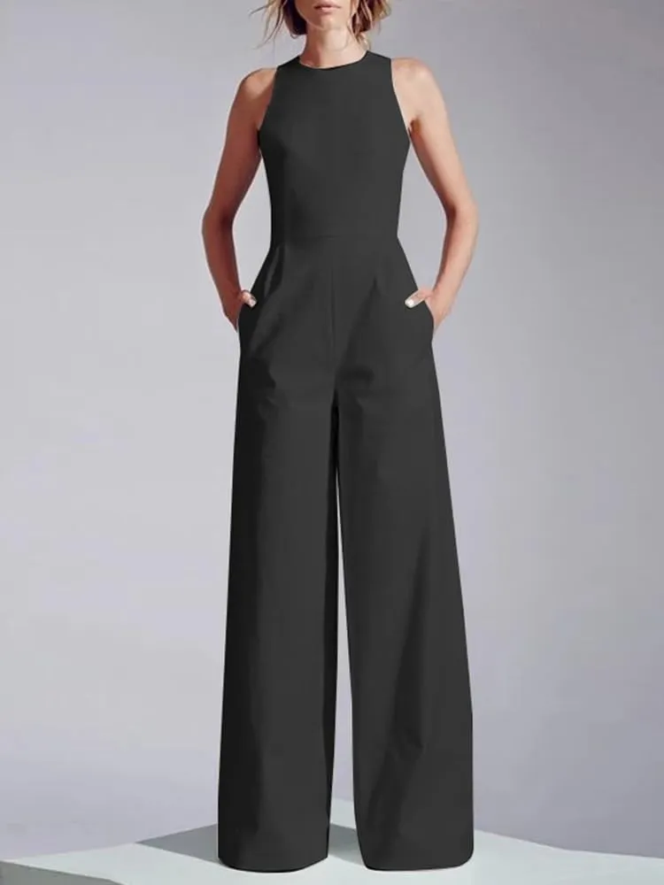 Women Sleeveless Long Jumpsuit Summer Wide Leg Casual Waisted Playsuit Office Lady Elegant Pocket Overalls