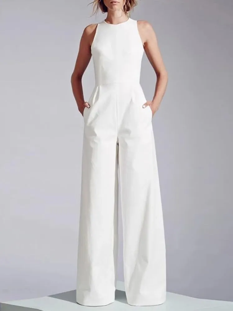 Women Sleeveless Long Jumpsuit Summer Wide Leg Casual Waisted Playsuit Office Lady Elegant Pocket Overalls