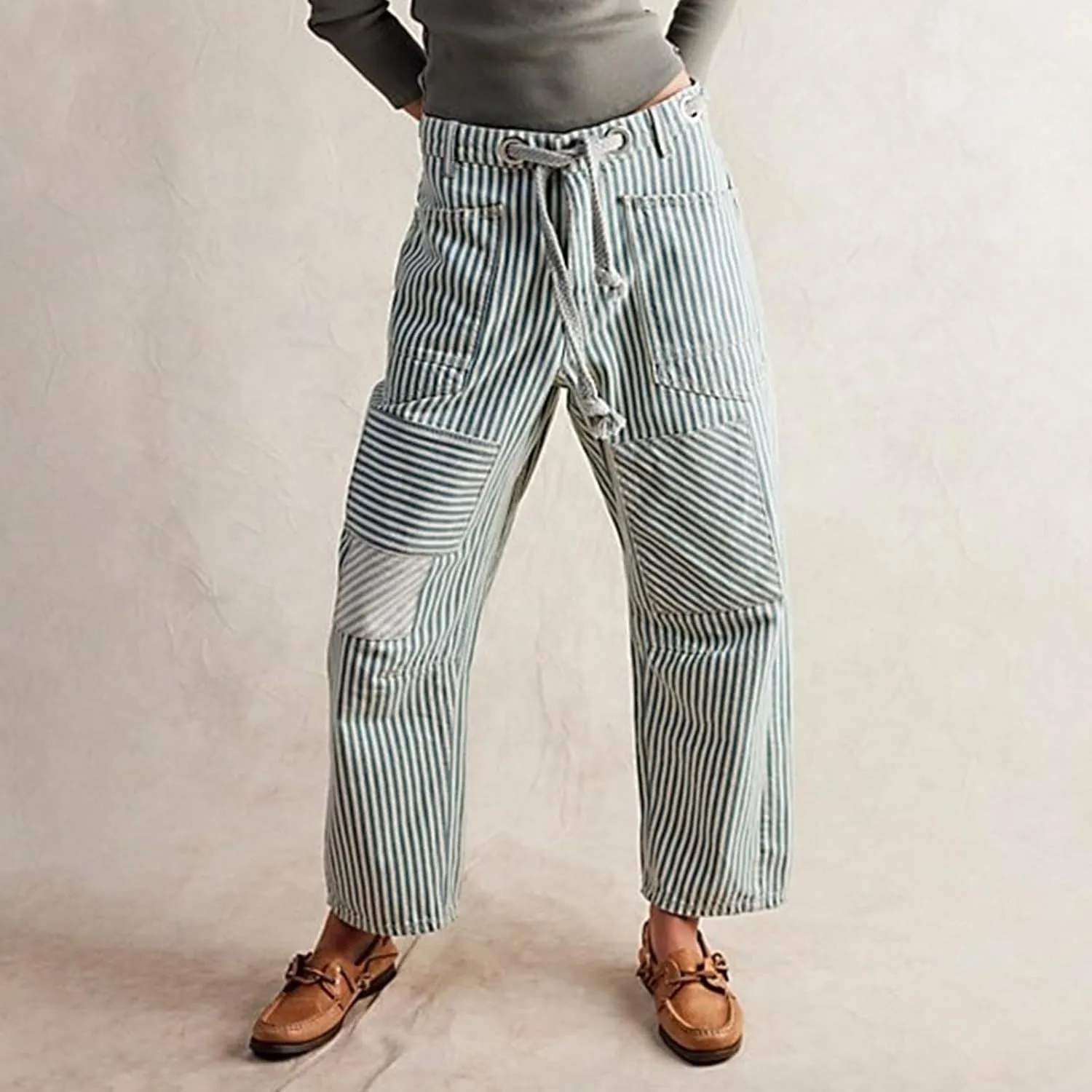 Women Striped Patchwork Jeans High Waist Drawstring Baggy Barrel Wide Leg Denim Pants Casual Trousers with Pockets