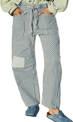 Women Striped Patchwork Jeans High Waist Drawstring Baggy Barrel Wide Leg Denim Pants Casual Trousers with Pockets