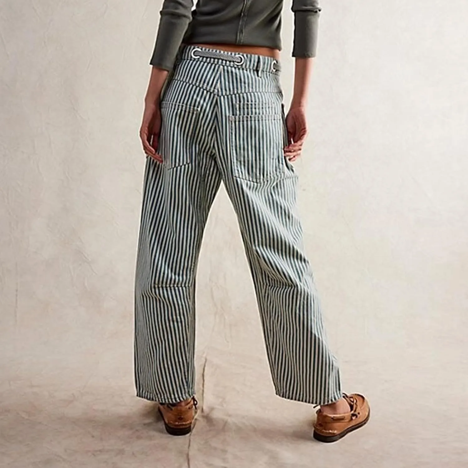 Women Striped Patchwork Jeans High Waist Drawstring Baggy Barrel Wide Leg Denim Pants Casual Trousers with Pockets