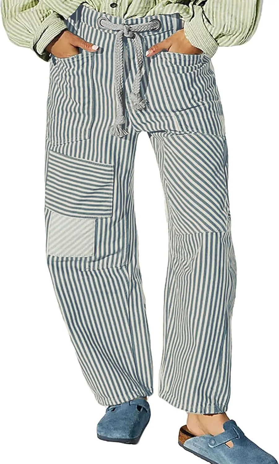 Women Striped Patchwork Jeans High Waist Drawstring Baggy Barrel Wide Leg Denim Pants Casual Trousers with Pockets