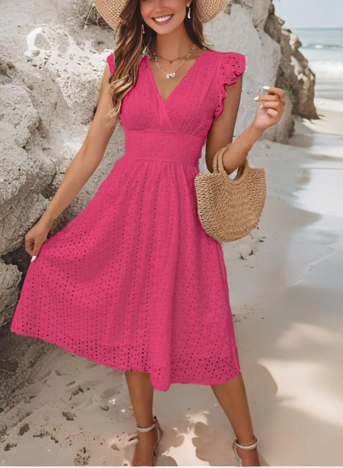 Women Summer Dresses Sleeveless V Neck Midi Beach Casual Dress Trendy Ladies Cute Sundress