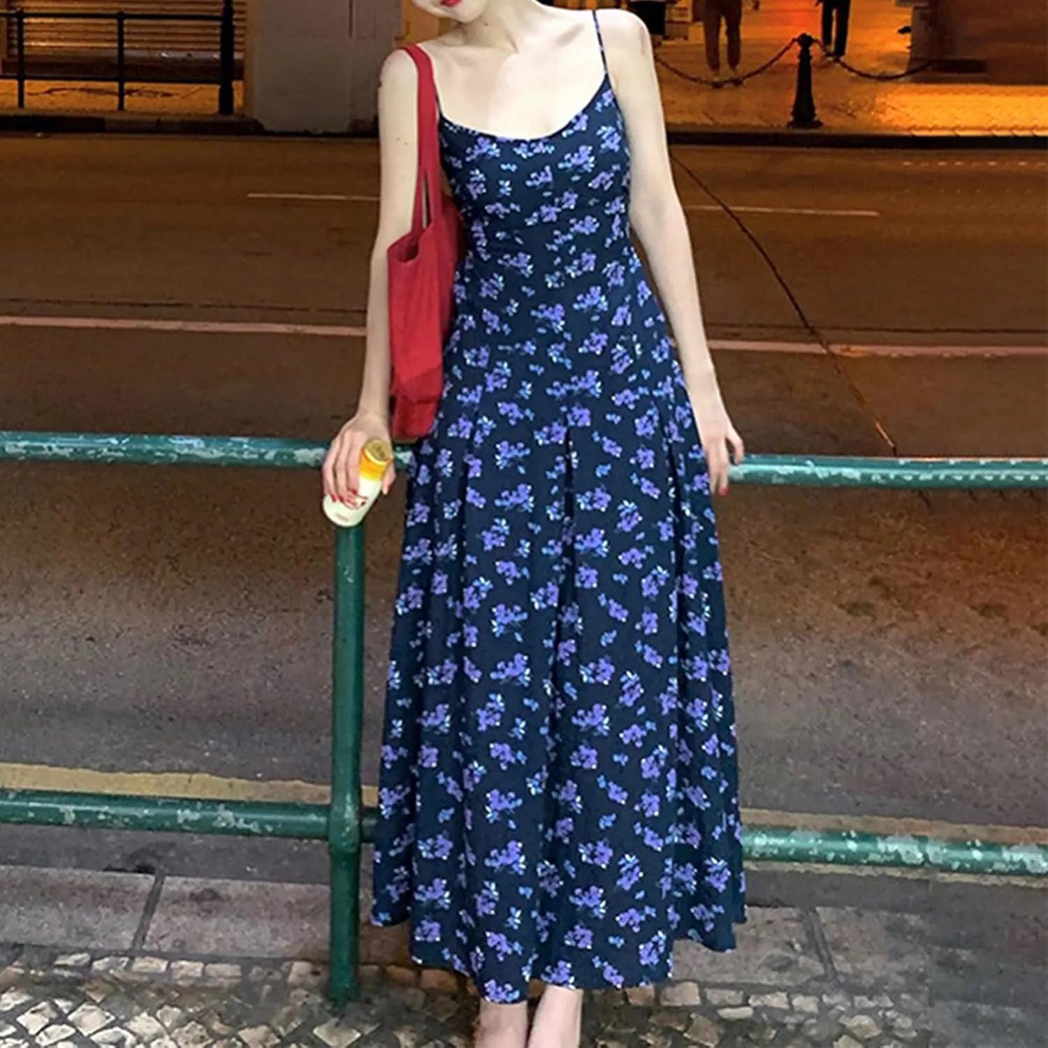 Women Summer Spaghetti Strap Long Dress Floral Print Sleeveless Backless Flowy Loose Swing Party Beach Sundress
