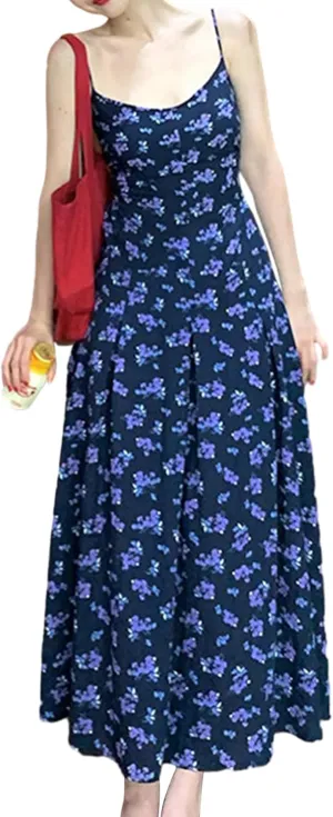 Women Summer Spaghetti Strap Long Dress Floral Print Sleeveless Backless Flowy Loose Swing Party Beach Sundress
