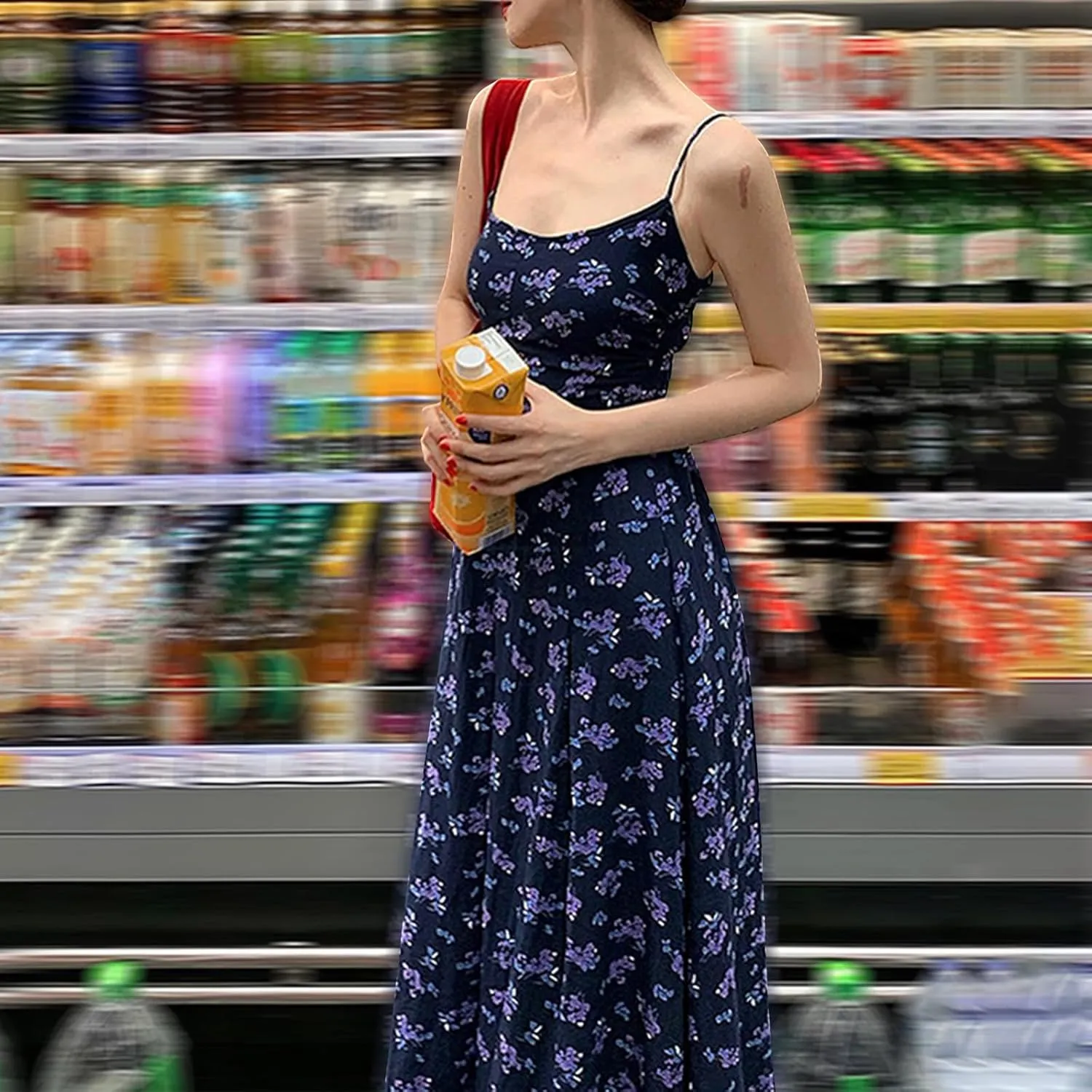 Women Summer Spaghetti Strap Long Dress Floral Print Sleeveless Backless Flowy Loose Swing Party Beach Sundress