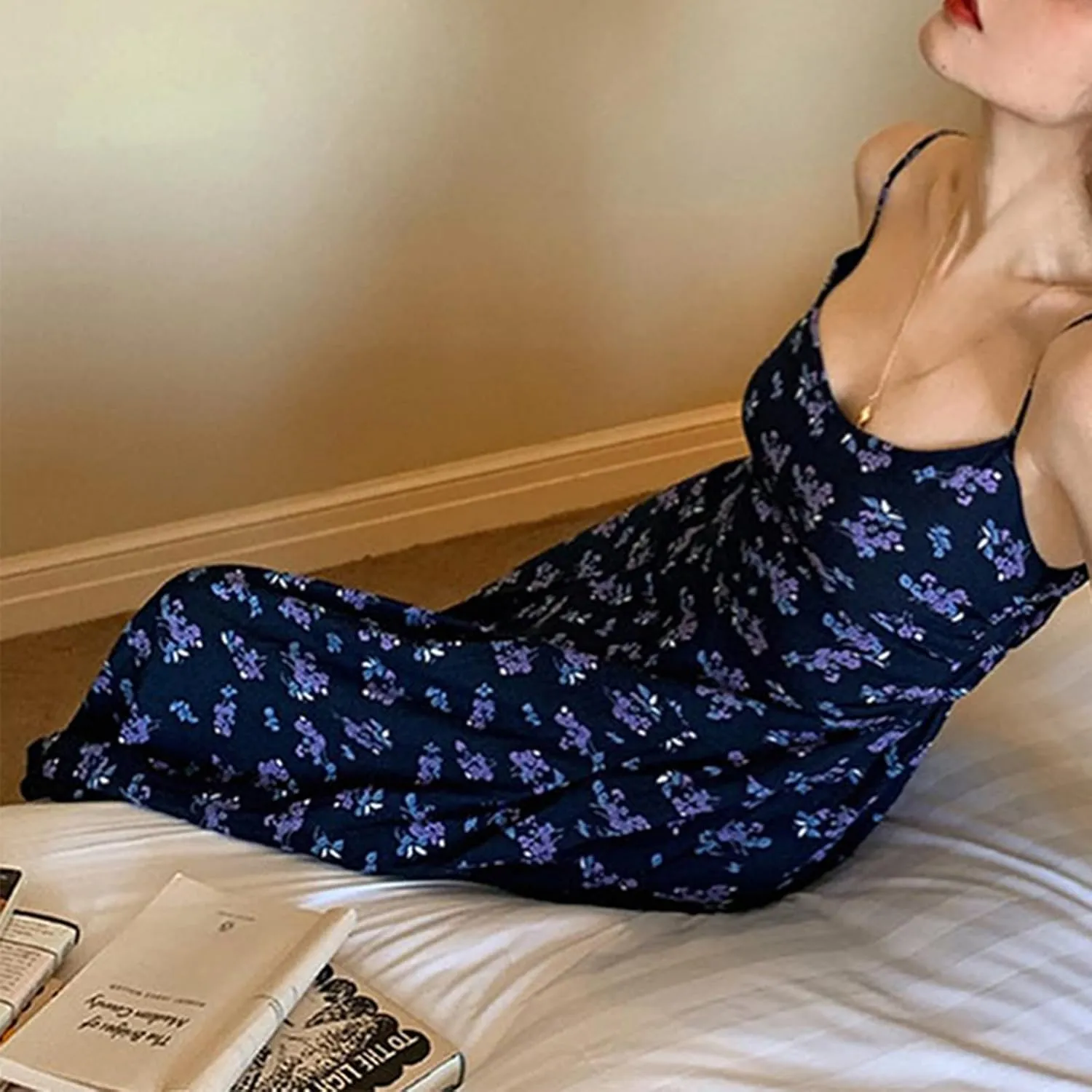 Women Summer Spaghetti Strap Long Dress Floral Print Sleeveless Backless Flowy Loose Swing Party Beach Sundress