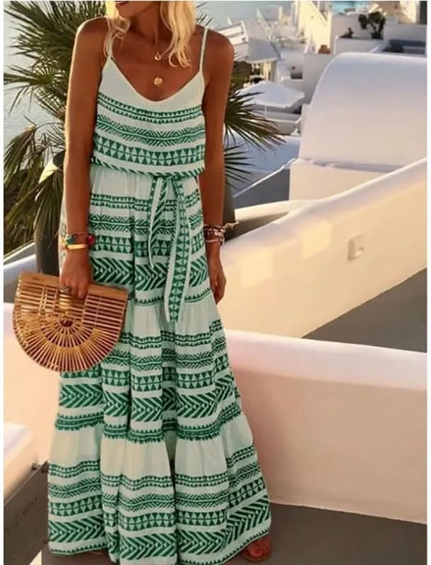 Women V Neck Floral Flowy Swing Spaghetti Strap Boho Casual Summer Beach Sundress Long Maxi Loose Dress