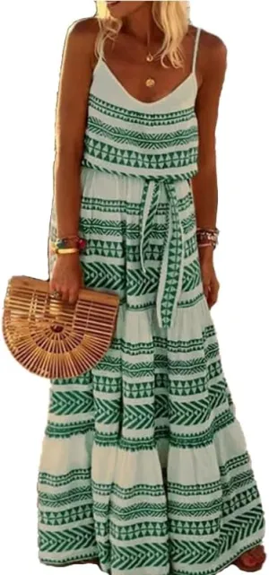 Women V Neck Floral Flowy Swing Spaghetti Strap Boho Casual Summer Beach Sundress Long Maxi Loose Dress