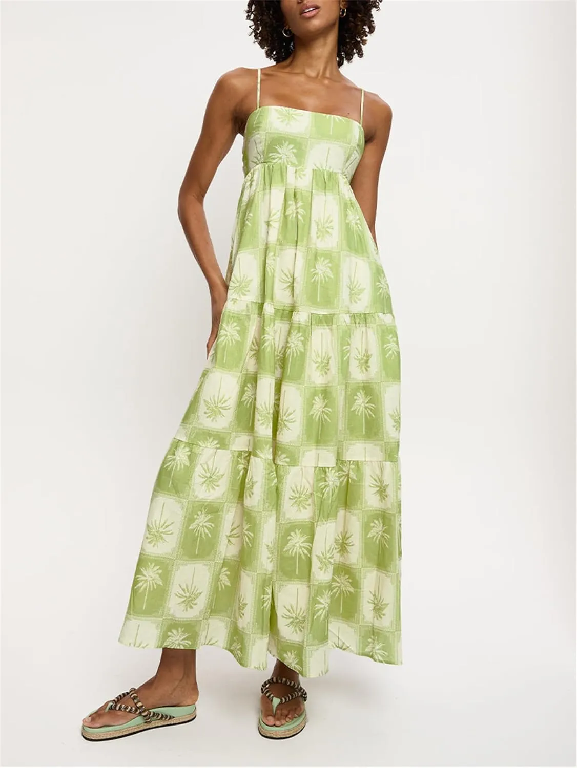 Women Y2K Summer Flowy Swing Dresses Fairycore Spaghetti Strap Smocked Maxi Dress Casual Boho Beach Sundresses