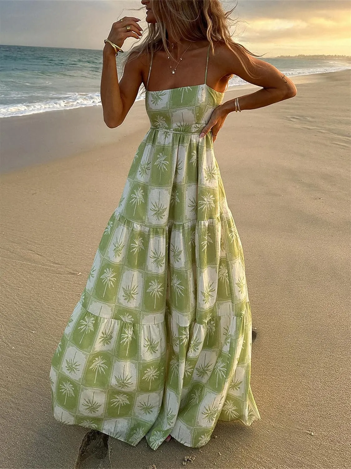 Women Y2K Summer Flowy Swing Dresses Fairycore Spaghetti Strap Smocked Maxi Dress Casual Boho Beach Sundresses