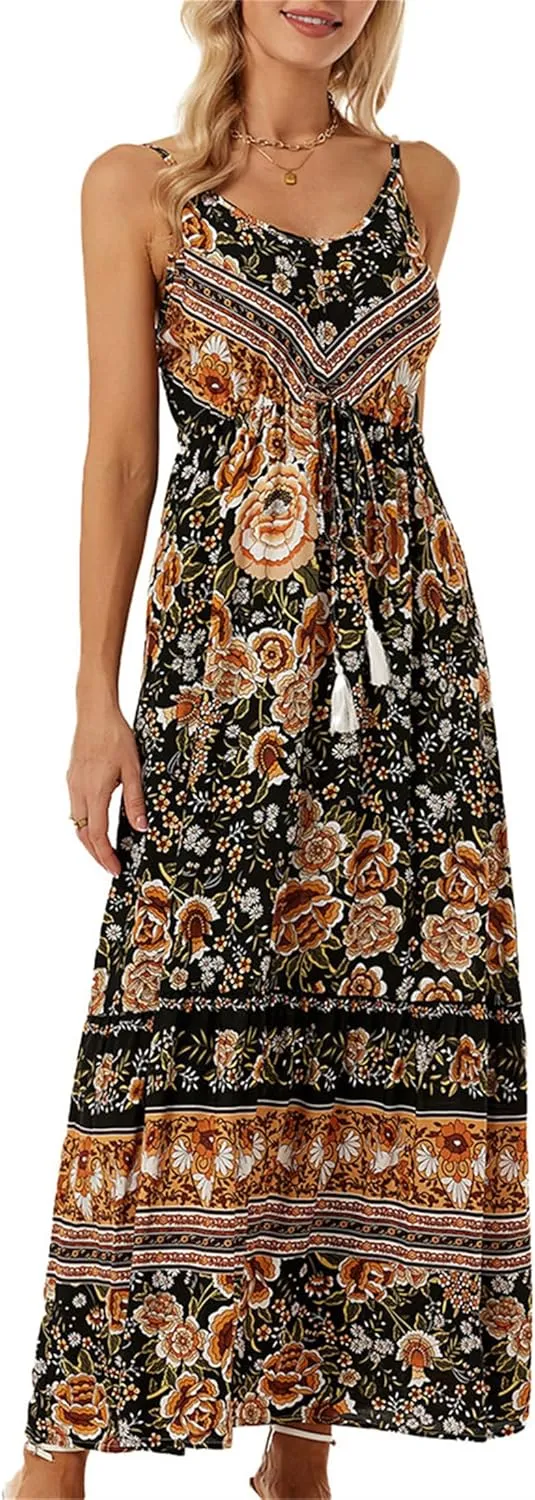 Women Y2K Summer Flowy Swing Dresses Fairycore Spaghetti Strap Smocked Maxi Dress Casual Boho Beach Sundresses