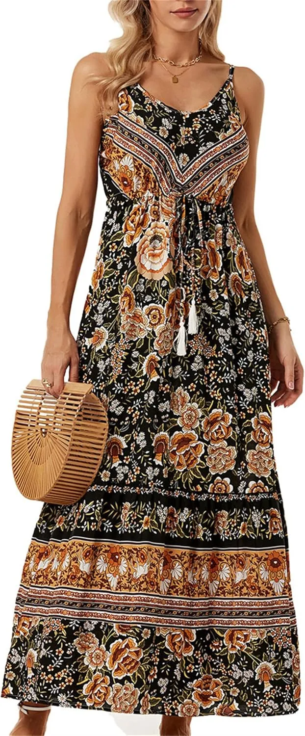 Women Y2K Summer Flowy Swing Dresses Fairycore Spaghetti Strap Smocked Maxi Dress Casual Boho Beach Sundresses
