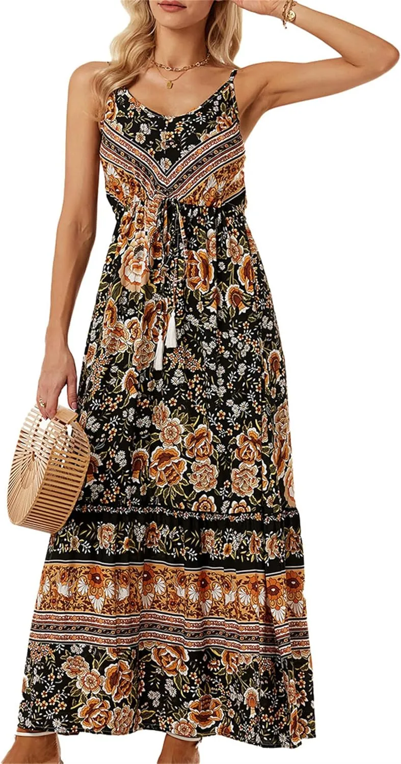 Women Y2K Summer Flowy Swing Dresses Fairycore Spaghetti Strap Smocked Maxi Dress Casual Boho Beach Sundresses