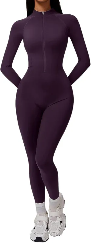 Women Yoga Jumpsuits Long Sleeve Workout Sets Zip Front Sport Jumpsuits Bottom Pants Sexy One Piece