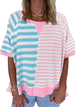 Womens 2025 Oversized Short Sleeve Sweatshirt Striped Shirt Crewneck Pullover Loose Crop Tops