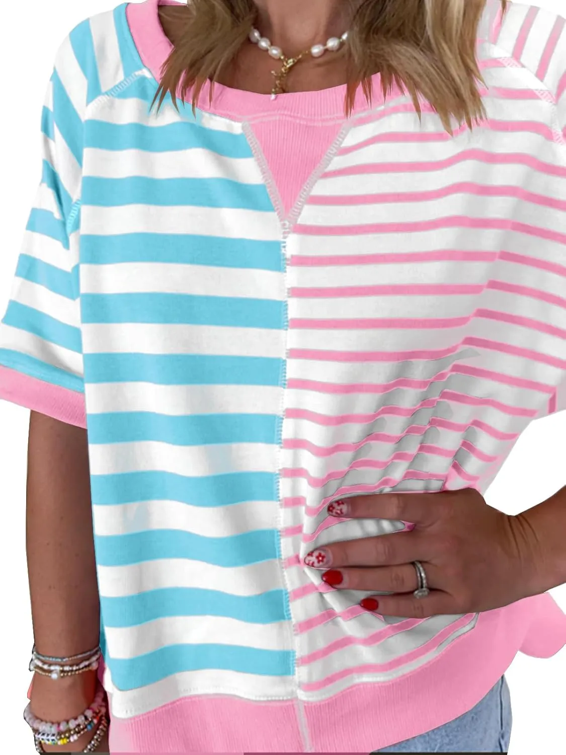 Womens 2025 Oversized Short Sleeve Sweatshirt Striped Shirt Crewneck Pullover Loose Crop Tops