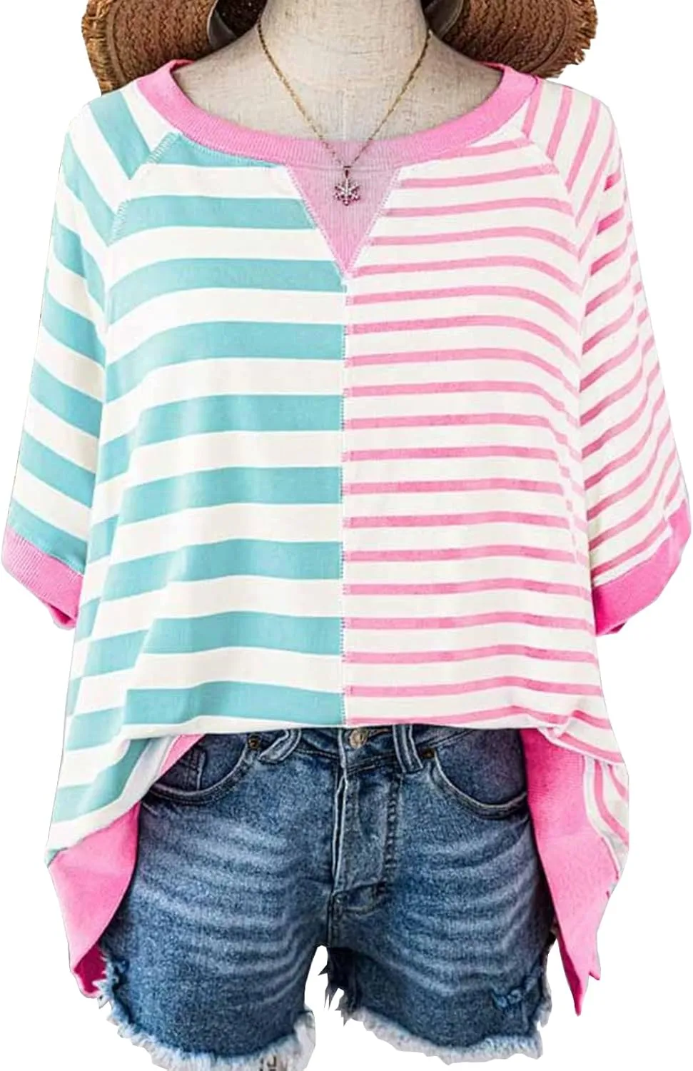 Womens 2025 Oversized Short Sleeve Sweatshirt Striped Shirt Crewneck Pullover Loose Crop Tops