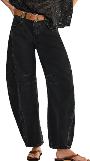 Women's Barrel Jeans Vintage Mid Rise Wide Leg Y2k Baggy Boyfriend Ankle Denim Pants