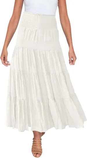 Women's Boho Elastic High Waist A Line Ruffle Swing Beach Maxi Skirt Casual Drawstring Long Skirt Flowy Skirts