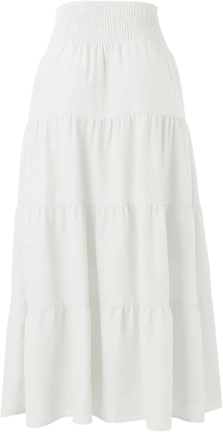 Women's Boho Elastic High Waist A Line Ruffle Swing Beach Maxi Skirt Casual Drawstring Long Skirt Flowy Skirts
