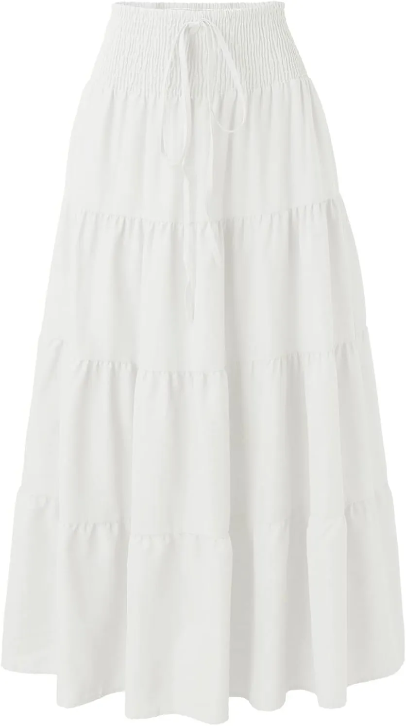 Women's Boho Elastic High Waist A Line Ruffle Swing Beach Maxi Skirt Casual Drawstring Long Skirt Flowy Skirts
