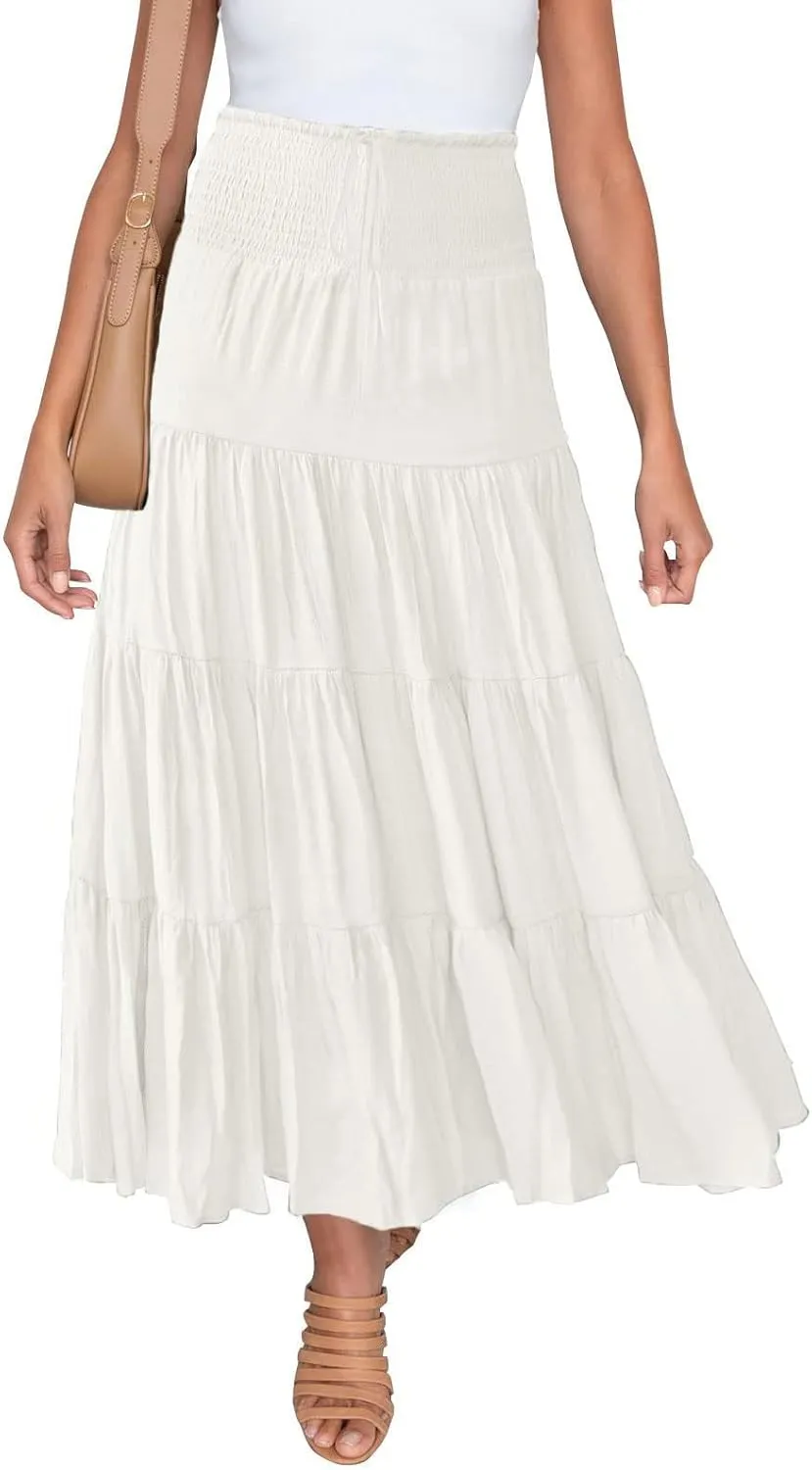 Women's Boho Elastic High Waist A Line Ruffle Swing Beach Maxi Skirt Casual Drawstring Long Skirt Flowy Skirts