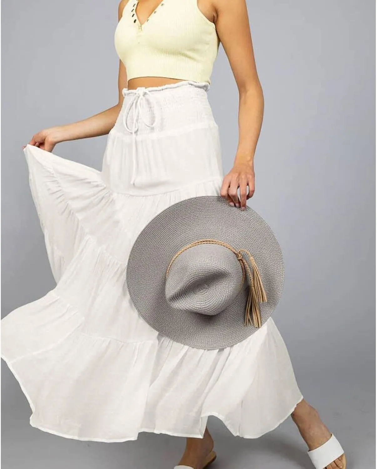 Women's Boho Elastic High Waist A Line Ruffle Swing Beach Maxi Skirt Casual Drawstring Long Skirt Flowy Skirts